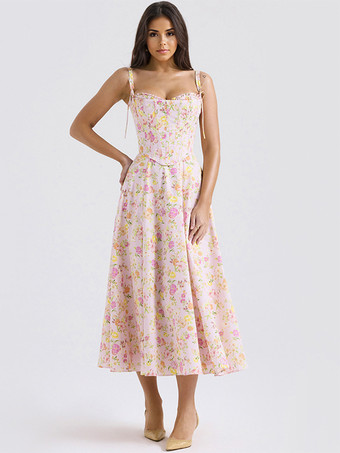 ピンク花柄ドレス ミディドレス ノースリーブ ストラップネック シック 調節可能なストラップ コテージコアドレス