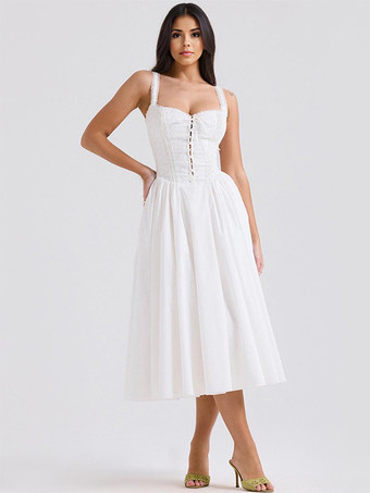 ホワイトコルセットドレス カットアウト ワイドストラップ レーストリム バックレス コテージコア ミディドレス