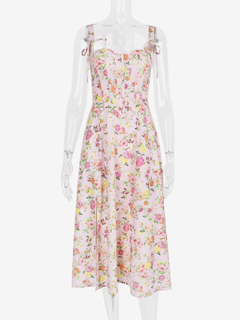 花柄ドレス ミディドレス ノースリーブ ストラップネック シック 調節可能なストラップ コテージコアドレス