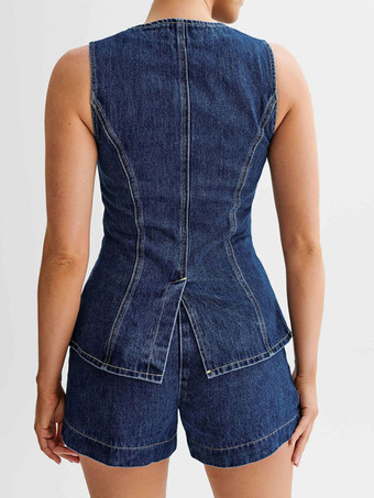 デニムパンツセット ラウンドネック ノースリーブ スリット サマーカジュアル ツーピース コーデセット 2025