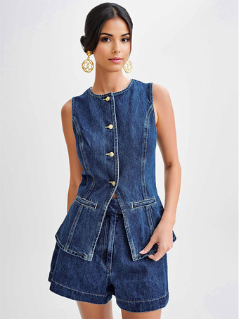 ブルー デニムパンツセット ラウンドネック ノースリーブ スリット サマーカジュアル ツーピース コーデセット 2025