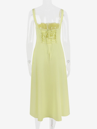 ソフトピンクのサマードレス ノースリーブ ストラップネック コテージコア レースアップ ミディドレス レディース