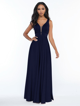 ダークネイビーブライズメイドドレス ノースリーブ オープンバック Aライン フロアレングス フォーマルガウン