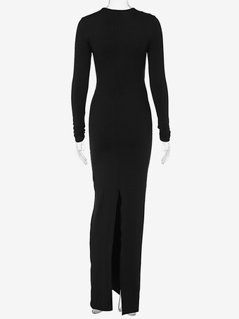 Vestido de club para mujer Cuello joya Vestido sexy negro de poliéster con mangas largas recortadas sexy