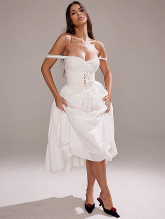 ホワイトコルセットドレス カットアウト ワイドストラップ レーストリム バックレス コテージコア ミディドレス