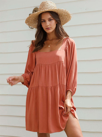 オレンジ チュニックドレス 七分袖 バックレス ティアード サマーカジュアルショートドレス 2025