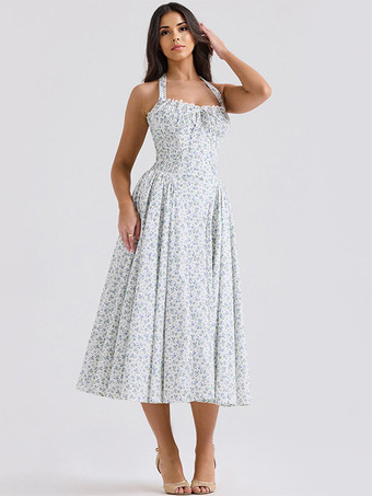 ライトスカイブルーコルセットドレス 花柄ホルターネック レースアップフロント プリーツアイレットトリム パーティーミディドレス