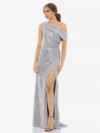 シルバー パーティードレス ホワイト ワンショルダー スパンコール ハイスリット セミフォーマルドレス