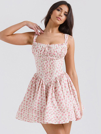 ピンク花柄ドレス ミニドレス レースアップ ストラップネック ノースリーブ コテージコア ショートドレス