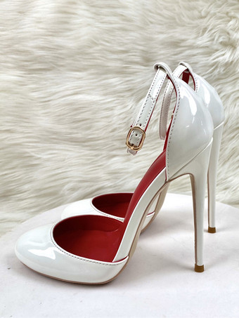 赤いハイヒール メタリック ラウンドトゥ スティレットヒール アンクルストラップ パンプス