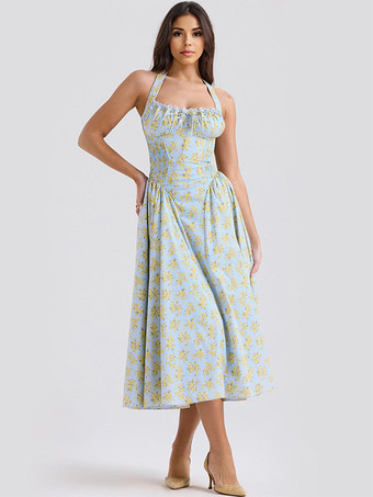 パステルグリーンコルセットドレス 花柄ホルターネック レースアップフロント プリーツアイレットトリム パーティーミディドレス