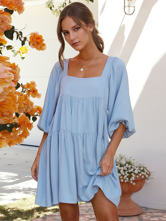 ライトスカイブルーチュニックドレス 七分袖 バックレス ティアード サマーカジュアルショートドレス 2025