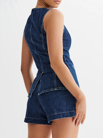 デニムパンツセット ラウンドネック ノースリーブ スリット サマーカジュアル ツーピース コーデセット 2025