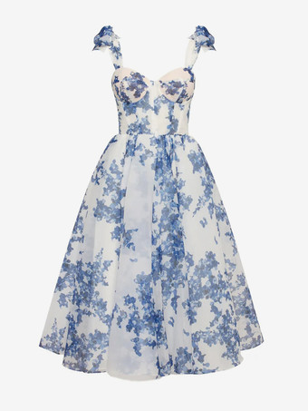 ライトスカイブルーのコルセットドレス タイストラップ フローラル Aライン エレガント パーティー プロム ミディドレス