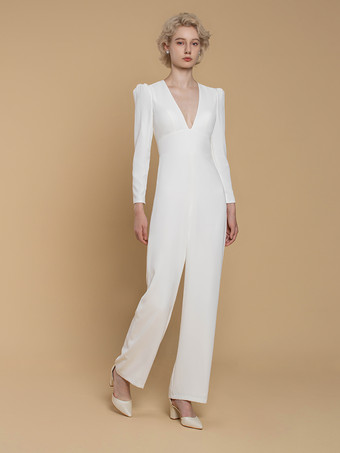ブライダルジャンプスーツ ストレッチ クレープ ボタン フロアレングス ジャンプスーツ Vネック 長袖 ナチュラルウエスト アイボリー