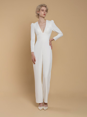 ブライダルジャンプスーツ ストレッチ クレープ ボタン フロアレングス ジャンプスーツ Vネック 長袖 ナチュラルウエスト アイボリー