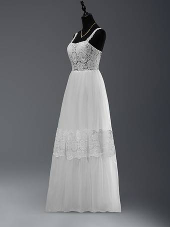 ボヘミアンウェディングドレス レース カットアウト Aライン フロアレングス ナチュラルウエスト ジッパー ノースリーブ デザインネックライン アイボリー