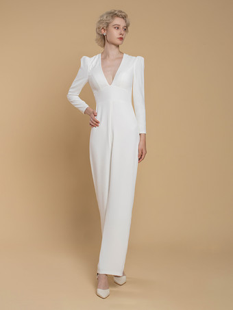 ブライダルジャンプスーツ ストレッチ クレープ ボタン フロアレングス ジャンプスーツ Vネック 長袖 ナチュラルウエスト アイボリー