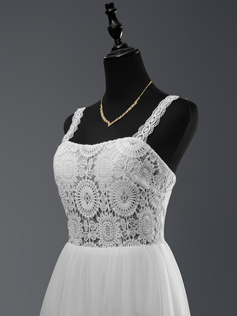 ボヘミアンウェディングドレス レース カットアウト Aライン フロアレングス ナチュラルウエスト ジッパー ノースリーブ デザインネックライン アイボリー