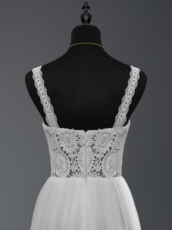 ボヘミアンウェディングドレス レース カットアウト Aライン フロアレングス ナチュラルウエスト ジッパー ノースリーブ デザインネックライン アイボリー