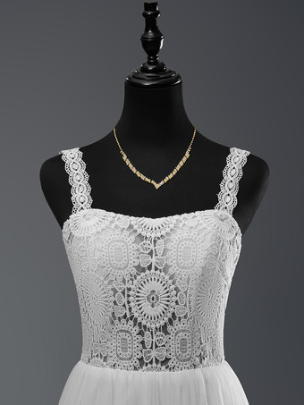 ボヘミアンウェディングドレス レース カットアウト Aライン フロアレングス ナチュラルウエスト ジッパー ノースリーブ デザインネックライン アイボリー