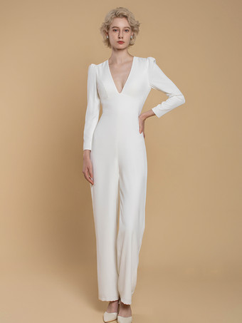 ブライダルジャンプスーツ ストレッチ クレープ ボタン フロアレングス ジャンプスーツ Vネック 長袖 ナチュラルウエスト アイボリー