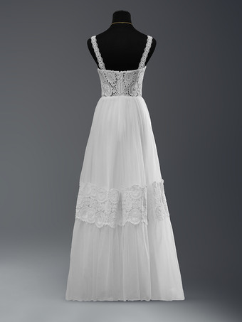 ボヘミアンウェディングドレス レース カットアウト Aライン フロアレングス ナチュラルウエスト ジッパー ノースリーブ デザインネックライン アイボリー