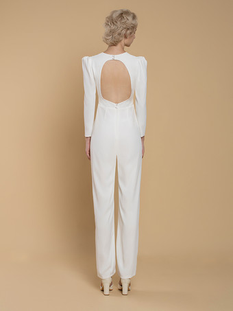 ブライダルジャンプスーツ ストレッチ クレープ ボタン フロアレングス ジャンプスーツ Vネック 長袖 ナチュラルウエスト アイボリー