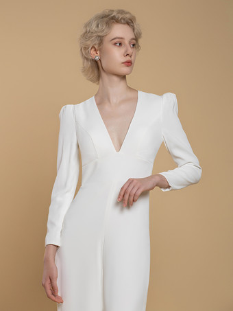 ブライダルジャンプスーツ ストレッチ クレープ ボタン フロアレングス ジャンプスーツ Vネック 長袖 ナチュラルウエスト アイボリー