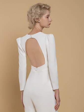 ブライダルジャンプスーツ ストレッチ クレープ ボタン フロアレングス ジャンプスーツ Vネック 長袖 ナチュラルウエスト アイボリー