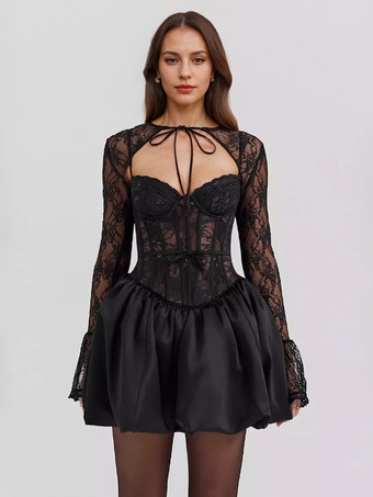 取り外し可能なボレロ付きブラックレースコルセットドレス 誕生日パーティー用パフボールミニドレス レディース 2025
