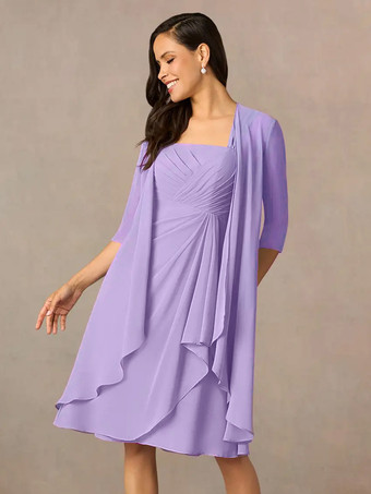 ライラックマザードレス スクエアネック ハーフスリーブ ツーピース プリーツ ゲストドレス 結婚式用