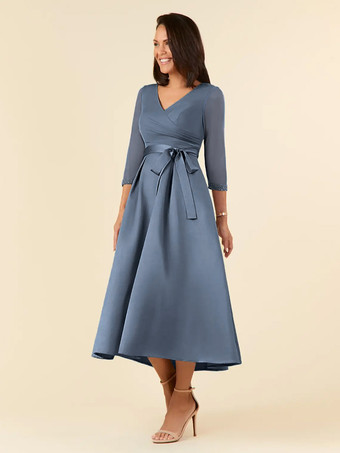 グレーブルーブライダルマザードレス Vネック ハーフスリーブ Aライン サッシュ ティーレングス ウェディングゲストドレス