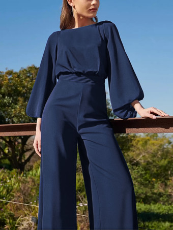ディープブルーイブニングドレス ジャンプスーツ ジュエルネック フロアレングス 3/4 丈スリーブ バックレス プリーツ ポリエステル 社交パーティードレス