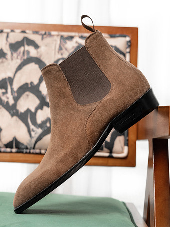 ブラウン 男性用グレースエードチェルシーブーツ レザーラウンドトゥアンクルブーツ