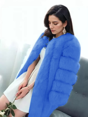 ライトスカイブルーふわふわフェイクファーコート クルーネック 冬 エコフレンドリー ファージャケット レディース 2025