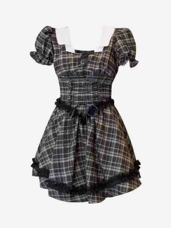 ゴシック ロリータ ドレス フリル チェック柄 ブラック ブラック