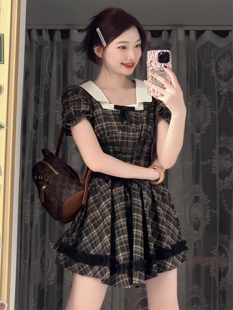 ゴシック ロリータ ドレス フリル チェック柄 ブラック ブラック