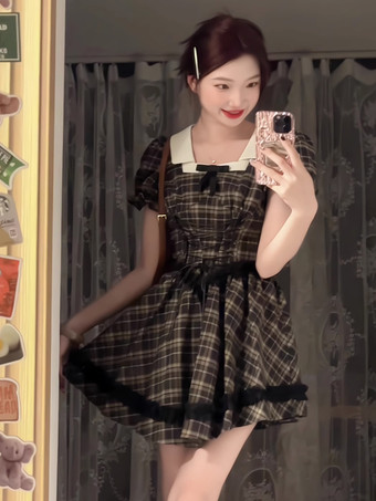 ブラック ゴシック ロリータ ドレス フリル チェック柄 ブラック ブラック