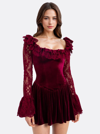 ヴィンテージ ベルベット ドレス レース フレア スリーブ バーガンディ スクエア カラー バースデー パーティー ミニ ドレス 2026