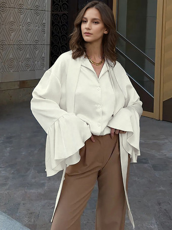 アイボリー サテンブラウス、タイネック、ベル、長袖、春、エレガント、レディースシャツ 2025