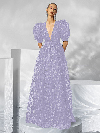 ライトグレーイブニングドレス ボールガウン Vネック オーガンザ フロアレングス アップリケ 社交パーティードレス