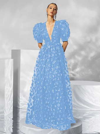 スカイブルー イブニングドレス ボールガウン Vネック オーガンザ フロアレングス アップリケ 社交パーティードレス