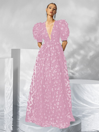 ソフトピンクイブニングドレス ボールガウン Vネック オーガンザ フロアレングス アップリケ 社交パーティードレス