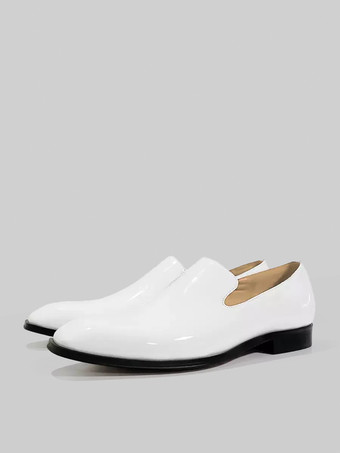 ホワイト メンズ スリッポン ローファー カットアウト ドレス ローファー プロム パーティー ウェディング シューズ パテントレザー V字型ノッチ