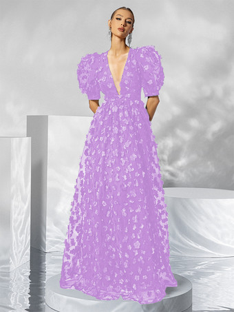 ライラック イブニングドレス ボールガウン Vネック オーガンザ フロアレングス アップリケ 社交パーティードレス