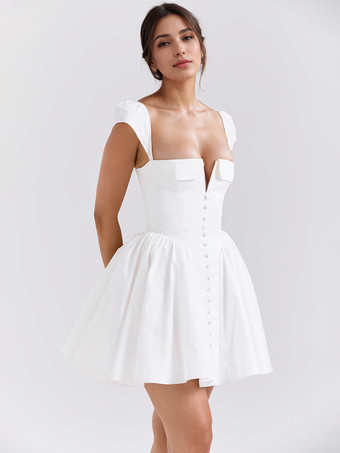 White Mini Dress Cap Sleeve Square Collar Birthday Party Sexy A-line Pleated Dress For Women 2025