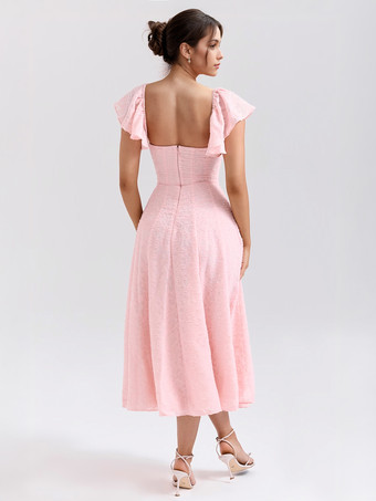 花柄ジャカード ソフトピンクドレス バタフライスリーブ Aライン ミディ丈 パーティードレス レディース 2025