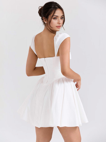 White Mini Dress Cap Sleeve Square Collar Birthday Party Sexy A-line Pleated Dress For Women 2025