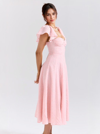 花柄ジャカード ソフトピンクドレス バタフライスリーブ Aライン ミディ丈 パーティードレス レディース 2025